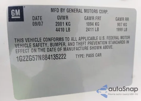 2008 Pontiac G6 z USA, uszkodzony, nr VIN 1G2ZG57N884135222